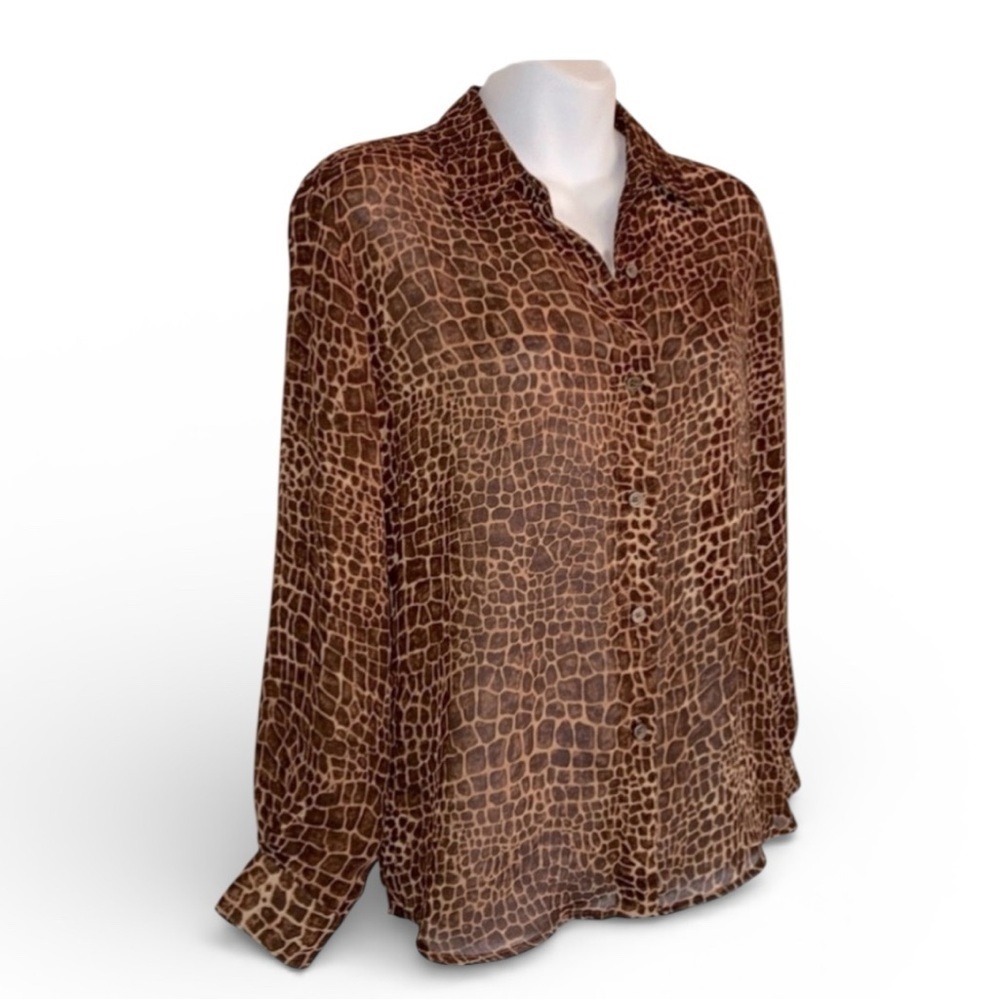 Liz Claiborne Petite blouse, Women PM, giraffe print buttondown, brown & tan EUC
